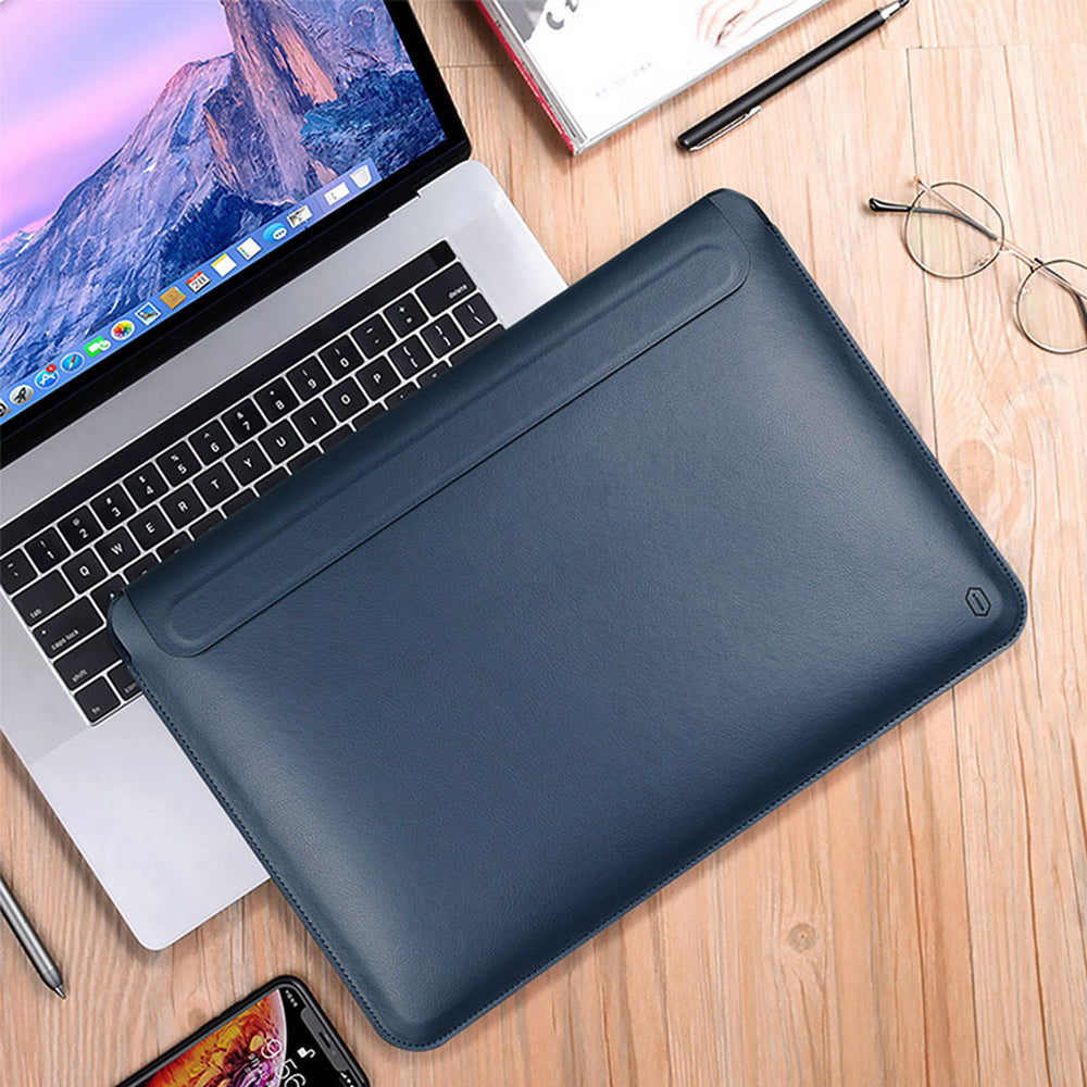 Wiwu Skin Pro Series Portable PU Leather Laptop Stand Sleeve for MacBook Pro 16 inch (2021), Smooth Surface Book Folio Cover - Navy Blue