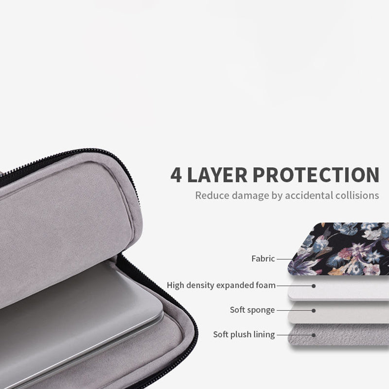 Fabric Watercolor Flower Pattern Laptop Sleeve Notebook Computer Protect Zipper Case Pouch Carrier Holder - Black/12 inch
