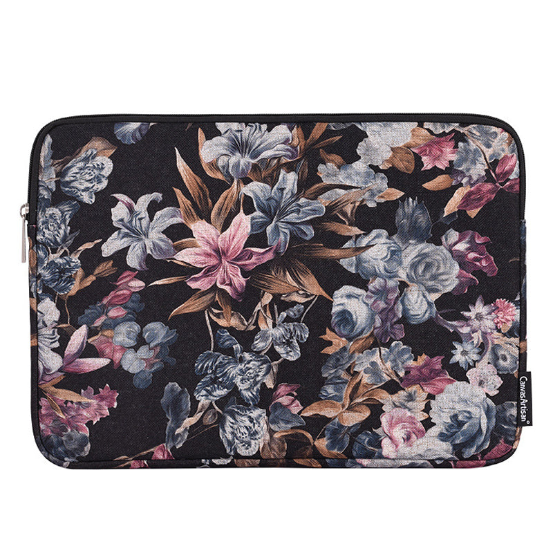 Fabric Watercolor Flower Pattern Laptop Sleeve Notebook Computer Protect Zipper Case Pouch Carrier Holder - Black/14 inch