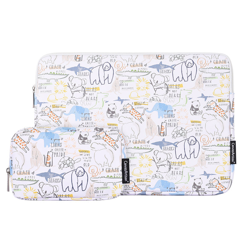 G50-T0111 12-inch Cartoon Animal Pattern Laptop Sleeve PU Carrying Bag + Small Bag Set