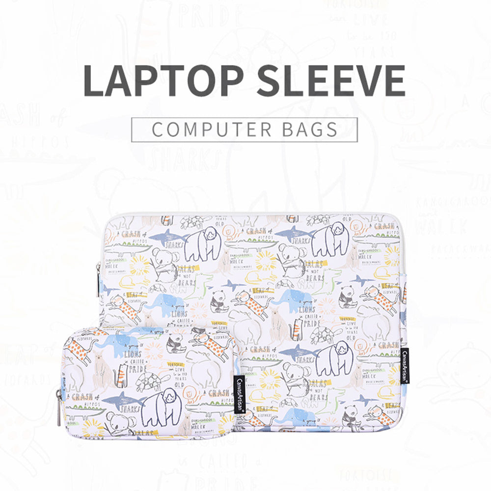 G50-T0111 12-inch Cartoon Animal Pattern Laptop Sleeve PU Carrying Bag + Small Bag Set