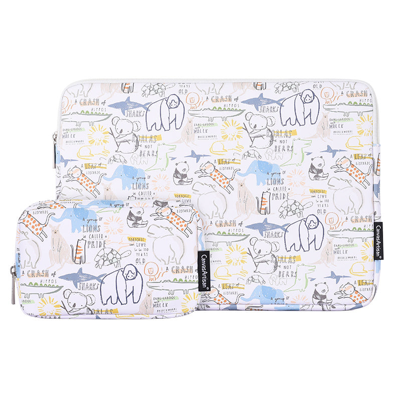 G50-T0111 Cartoon Animal Pattern 14-inch Laptop Sleeve Portable PU Carrying Bag + Small Bag Set