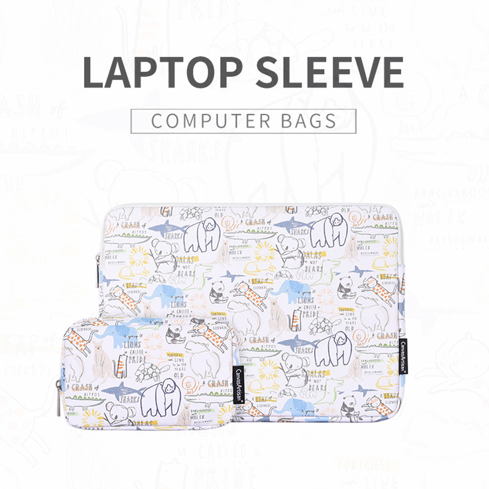 G50-T0111 Cartoon Animal Pattern 14-inch Laptop Sleeve Portable PU Carrying Bag + Small Bag Set