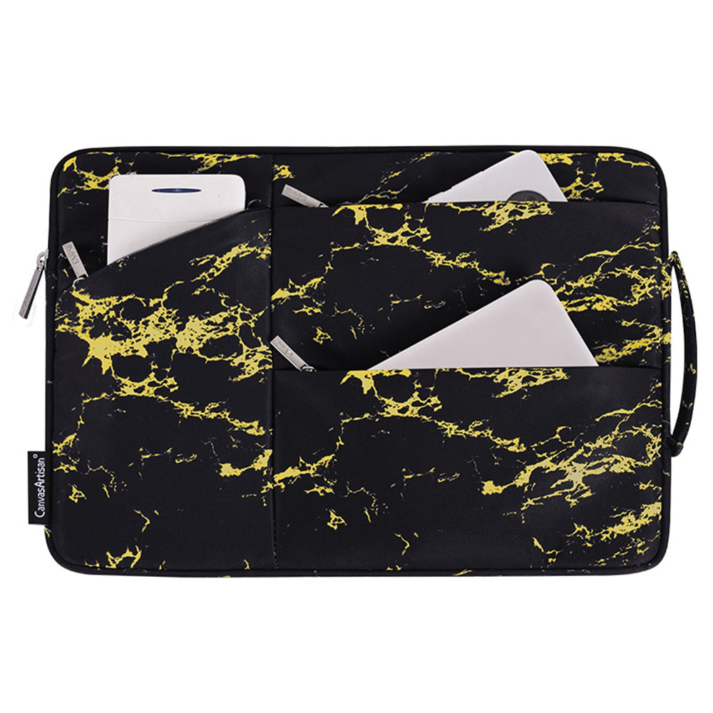 Marble Pattern Portable Sleeve Bag for 15 inch Laptops Anti-Scratch Slim Carry Case with 3-Pouches/Handle Strap Waterproof Notebook Bag - Yellow/Black