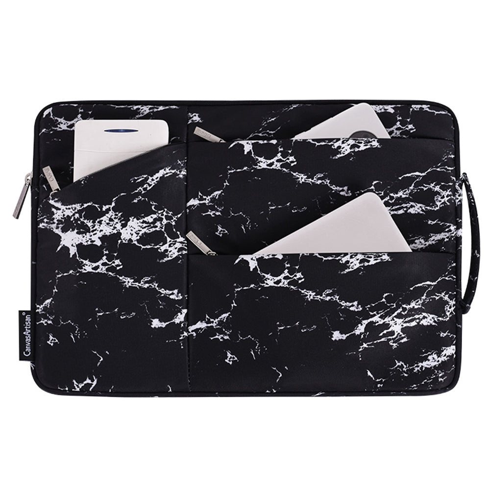Marble Pattern Portable Sleeve Bag for 15 inch Laptops Anti-Scratch Slim Carry Case with 3-Pouches/Handle Strap Waterproof Notebook Bag - Black
