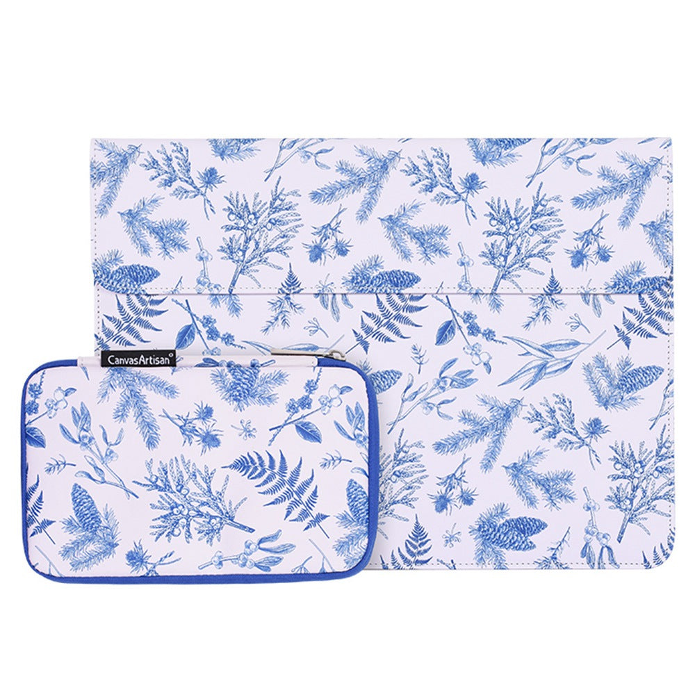 E55-T0121 for 12-inch Notebook Envelope Style PU Storage Bag Blue Leaves Pattern Magnetic Flap Laptop Sleeve + Small Bag