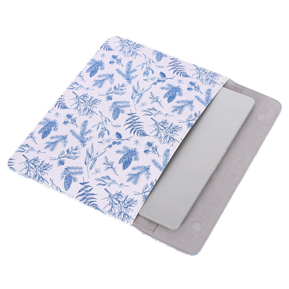 E55-T0121 for 12-inch Notebook Envelope Style PU Storage Bag Blue Leaves Pattern Magnetic Flap Laptop Sleeve + Small Bag