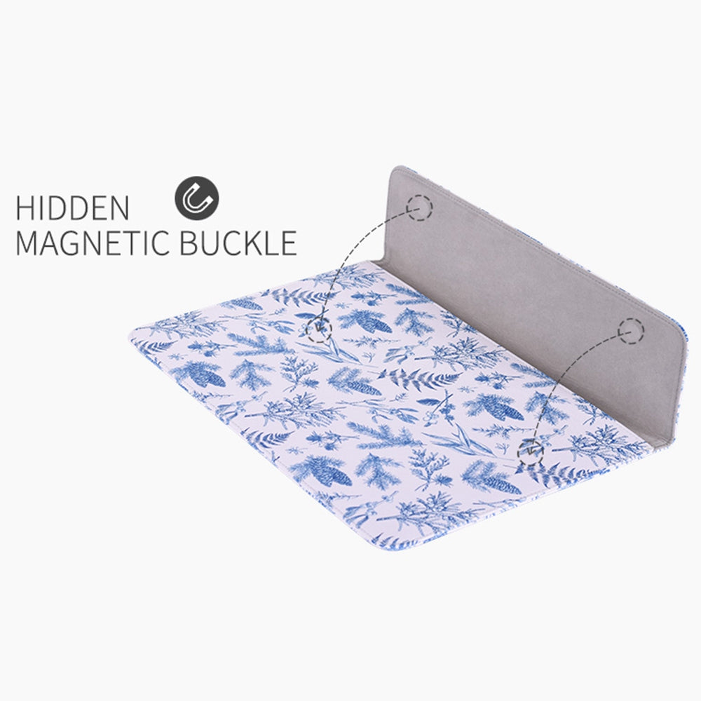 E55-T0121 for 12-inch Notebook Envelope Style PU Storage Bag Blue Leaves Pattern Magnetic Flap Laptop Sleeve + Small Bag