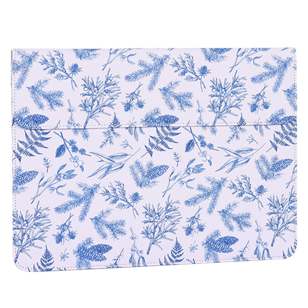 E55-T0121 15-inch Blue Leaves Pattern Magnetic Flap Envelope Laptop Sleeve + Small Bag