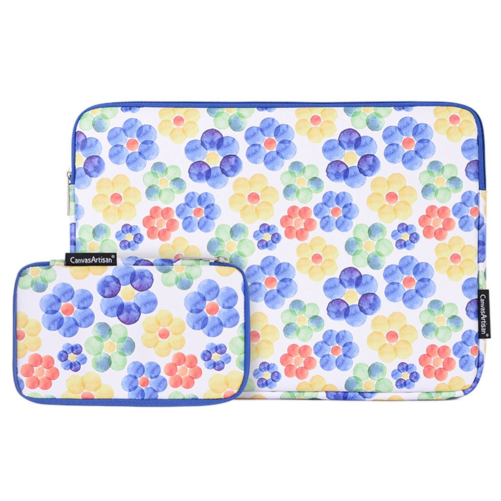G51-T0121 2Pcs/Set Big Flower Watercolor Painting PU Notebook Bag 15-inch Zipper Laptop Sleeve + Small Bag