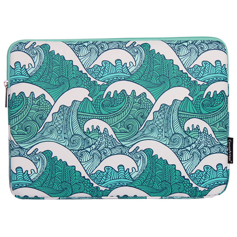 H3-04 12-inch Zipper Notebook Bag, Green Wave Pattern Soft Lining Laptop Storage Pouch