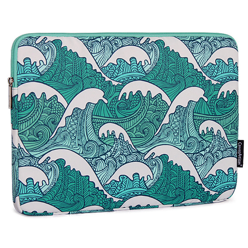 H3-04 12-inch Zipper Notebook Bag, Green Wave Pattern Soft Lining Laptop Storage Pouch