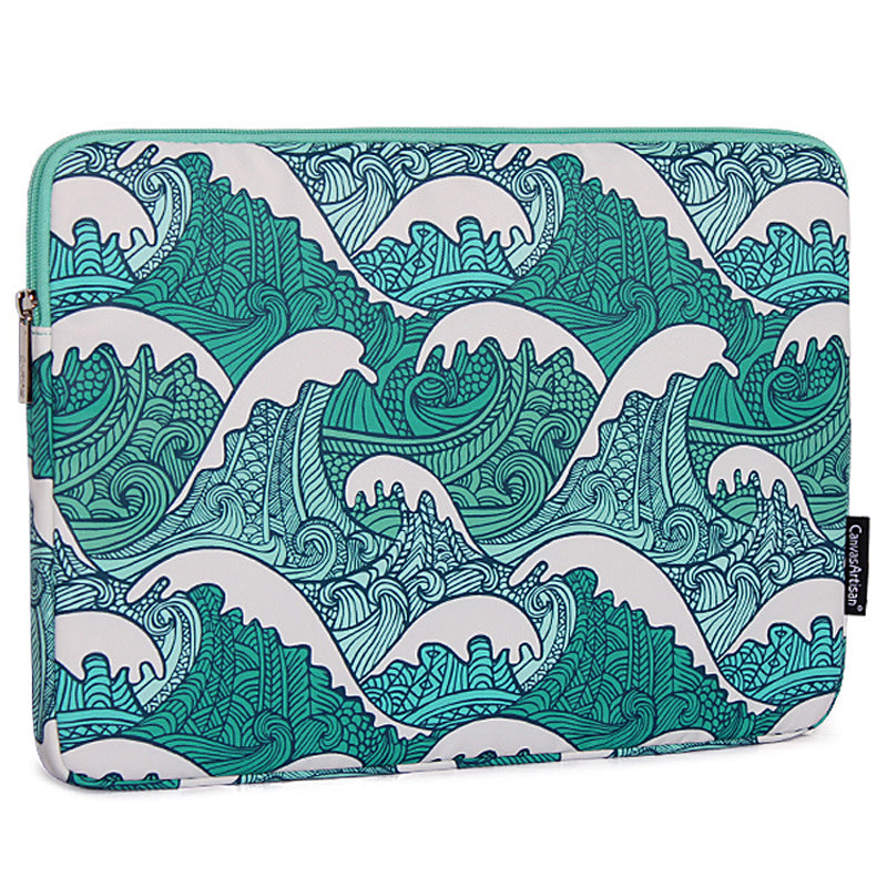 H3-04 Notebook Sleeve for 13-inch Laptop Green Wave Pattern Shockproof Liner Bag Zipper Case