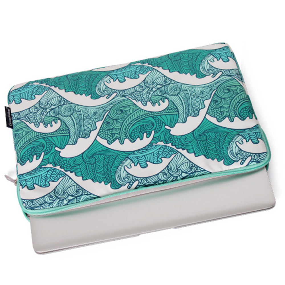 H3-04 Notebook Sleeve for 13-inch Laptop Green Wave Pattern Shockproof Liner Bag Zipper Case