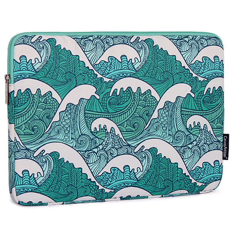 H3-04 14-inch Laptop Sleeve, Green Wave Pattern Lightweight Notebook Computer Bag