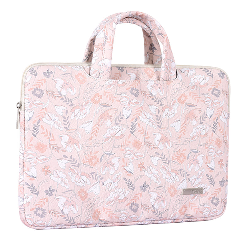 G4-B01 for 14-inch Notebook Flowers/Leaves Patterned Shock-Absorbed PU Leather Laptop Protective Handheld Handle Briefcase Carrying Case