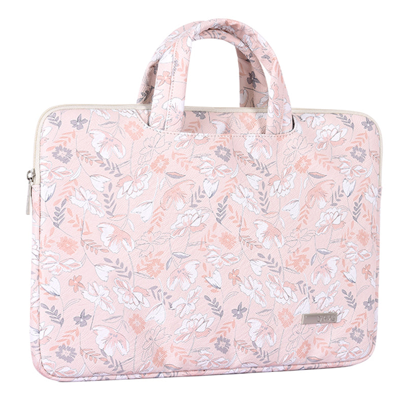 G4-B01 for 15-inch Notebook Flowers/Leaves Patterned Shock-Absorbed PU Leather Laptop Protective Handheld Handle Briefcase Carrying Case