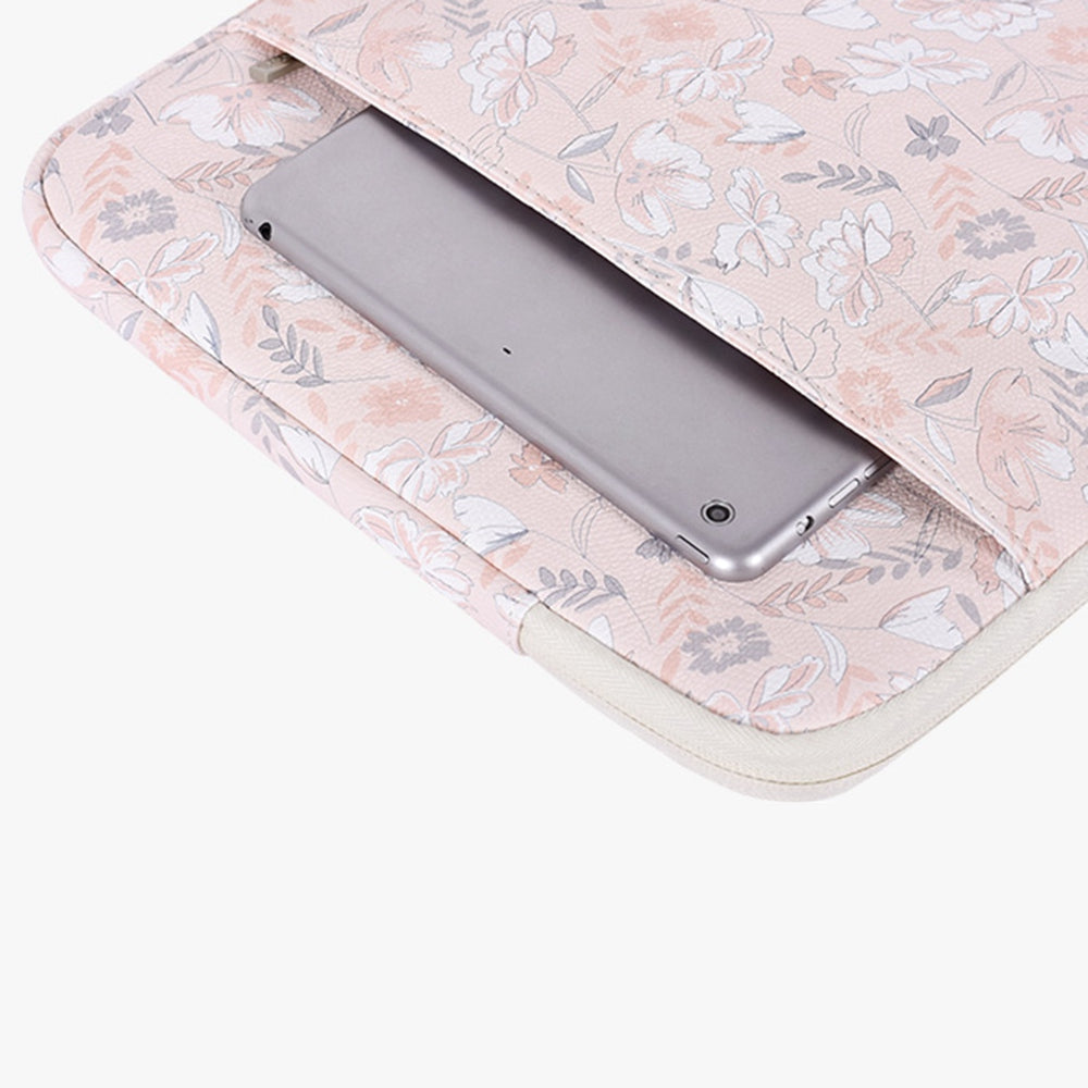 G4-19 Flower Printed PU Leather Storage Bag for 12-inch Laptops Portable Carry Case with Outer Vertical Pouch Shockproof Sleeve Bag
