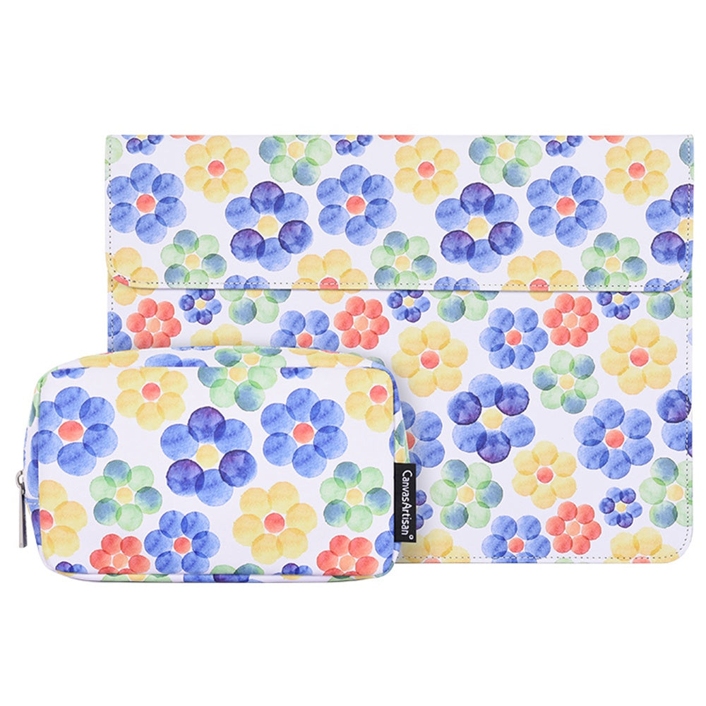 E51-T0111 2Pcs/Set 15-inch Flower Pattern Magnetic Flap Envelope PU Laptop Sleeve with Small Bag