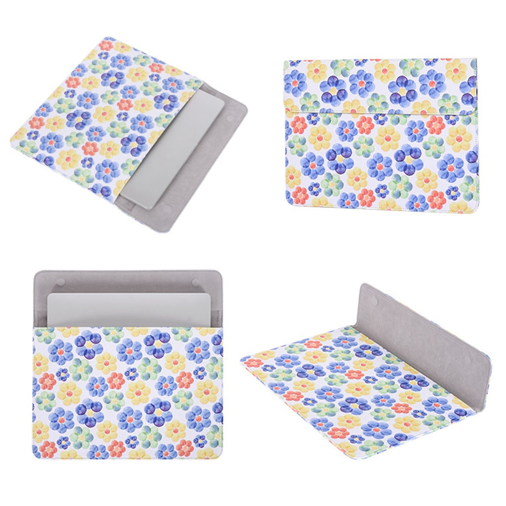E51-T0111 2Pcs/Set 15-inch Flower Pattern Magnetic Flap Envelope PU Laptop Sleeve with Small Bag