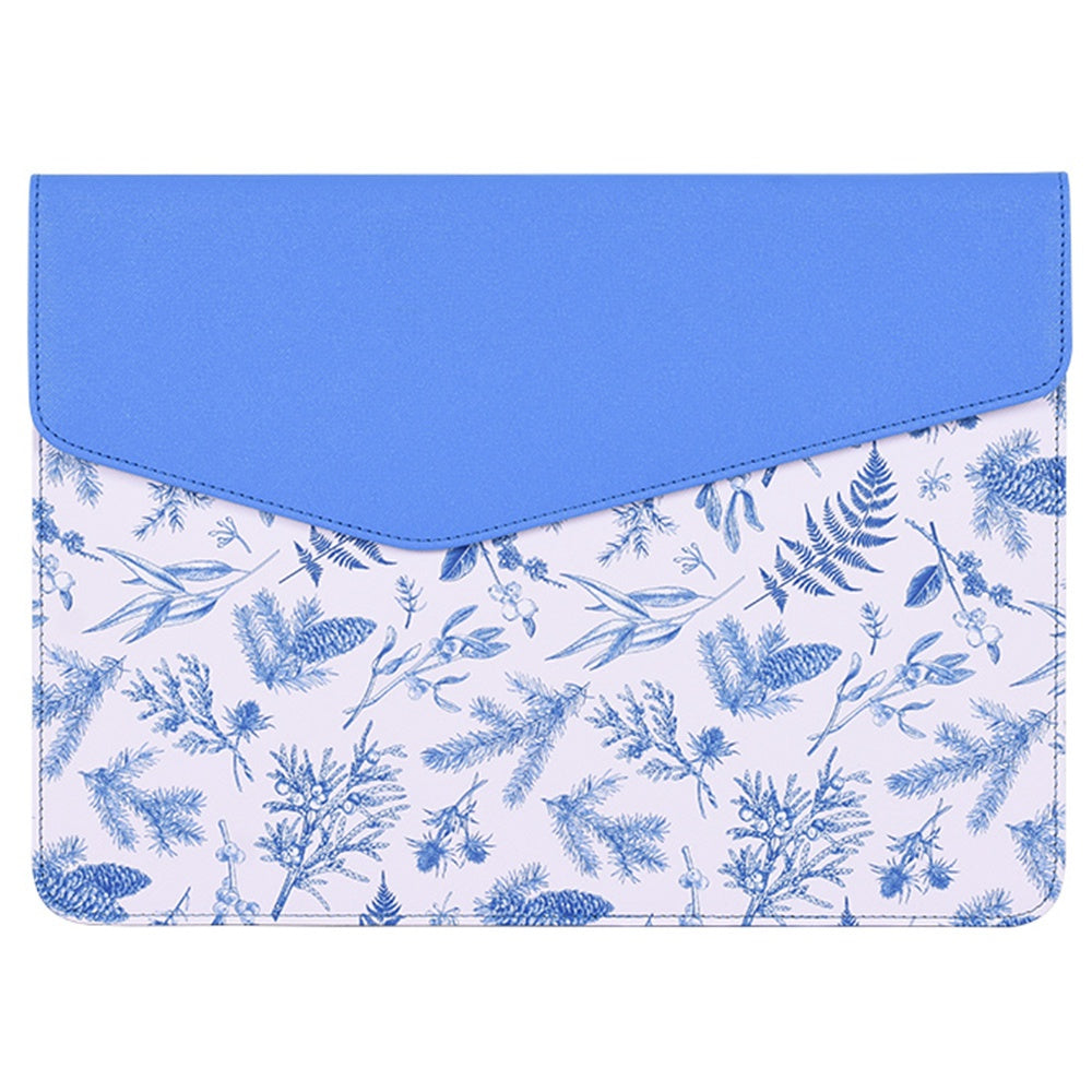 E55-13 for 12-inch Notebook Envelope Style PU Storage Bag Blue Leaves Pattern Magnetic Flap Laptop Sleeve