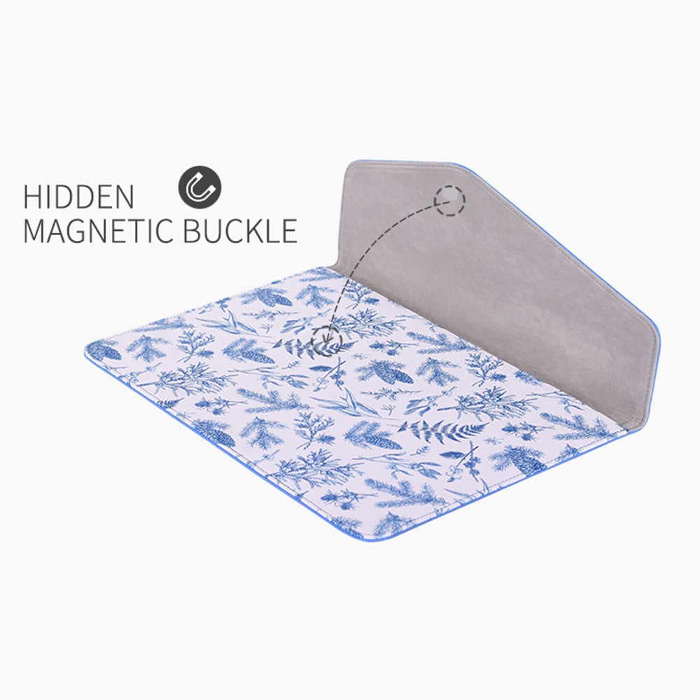 E55-13 for 12-inch Notebook Envelope Style PU Storage Bag Blue Leaves Pattern Magnetic Flap Laptop Sleeve