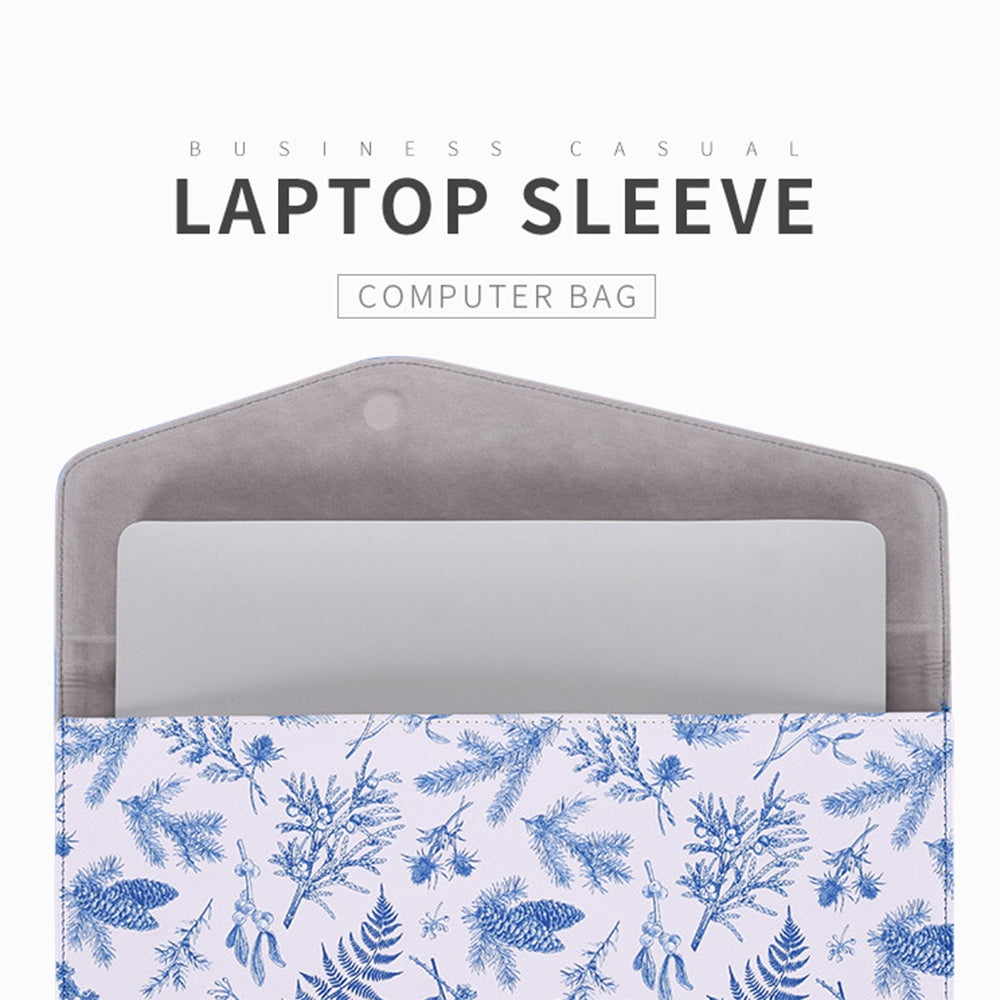 E55-13 for 12-inch Notebook Envelope Style PU Storage Bag Blue Leaves Pattern Magnetic Flap Laptop Sleeve