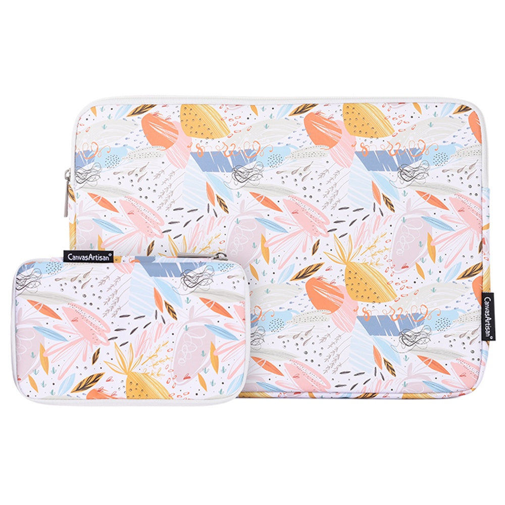 G53-T0121 for 12-inch Notebook Flowered Patterned Laptop Protective Bag with Zipper Waterproof PU Case Pouch + Small Accessory Bag Set