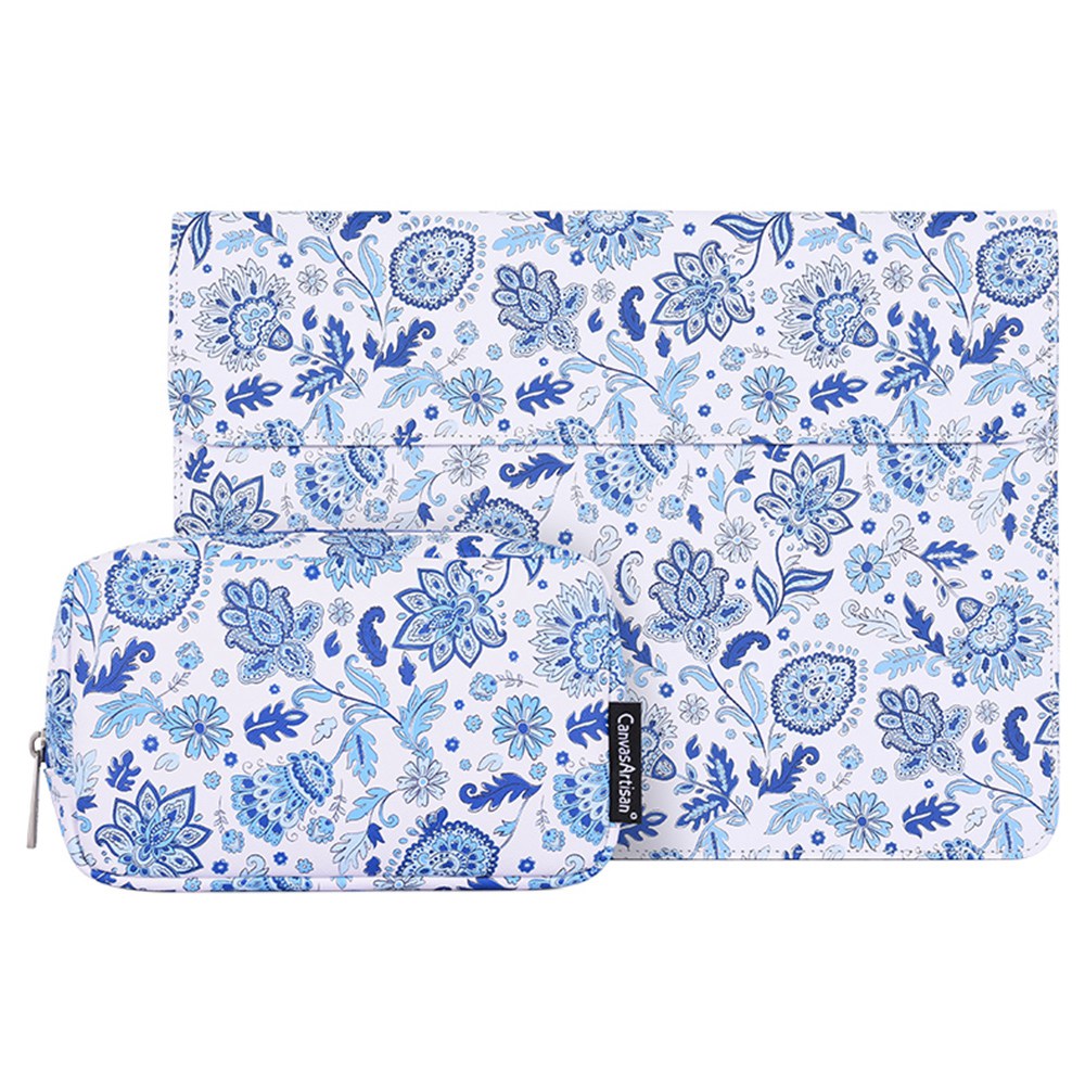 E54-T0111 13-inch Anti-scratch Laptop Sleeve Light Blue Flower Pattern Magnetic Flap Envelope Notebook Carrying Case + Small Bag