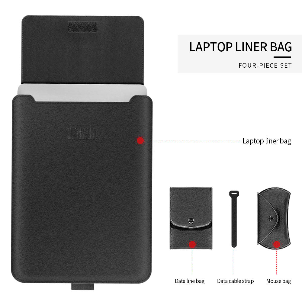 4Pcs/Set Anti-Drop PU Leather Sleeve Bag for 15/15.6-inch Laptops Shockproof Carry Case Portable Storage Bag with Stand/Handle Strap - Black