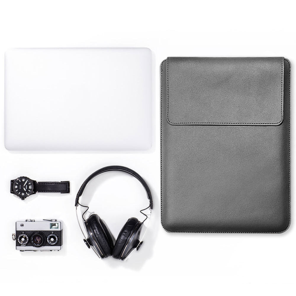 for MacBook 13inch/14inch Laptop Storage Bag Multifunction PU Leather Mouse Pad Notebook Computer Sleeve Pouch - Grey