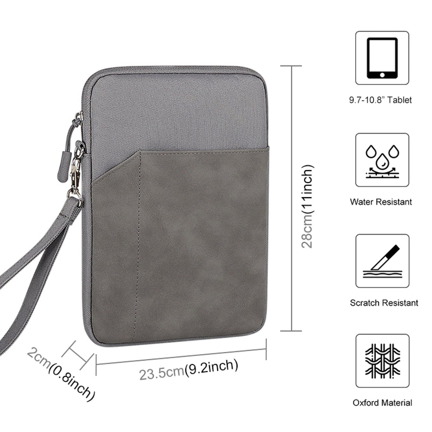 Uniqkart HWL7018 Zippered Carry Case for iPad 9.7-11 inch Scratch-Proof Tablets Sleeve Bag with Strap - Grey