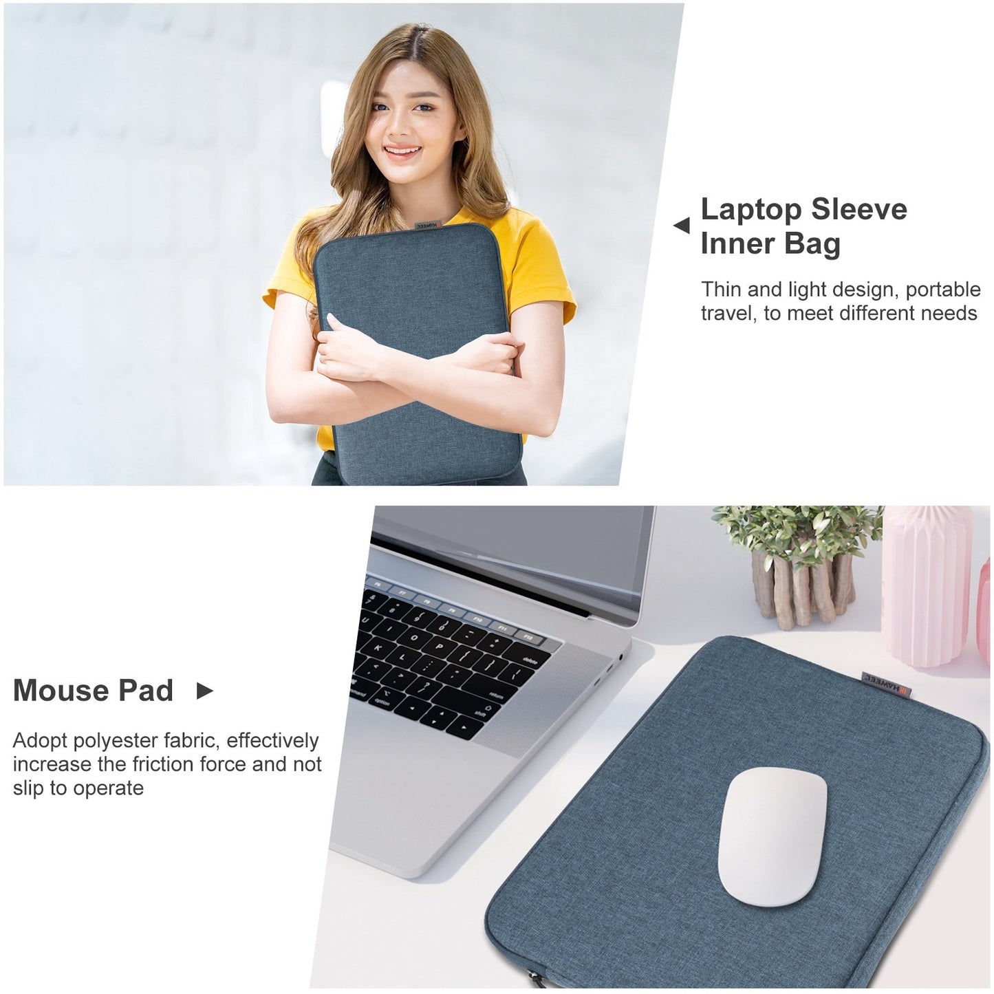 Haweel HWL7016 For Macbook Pro 15 inch (2016) / (2018-2019) / 16 inch (2022) Shockproof Zippered Sleeve Bag Scratch Resistant Carry Case (40.5 x 29.5cm, 15-16.7 inch) - Blue