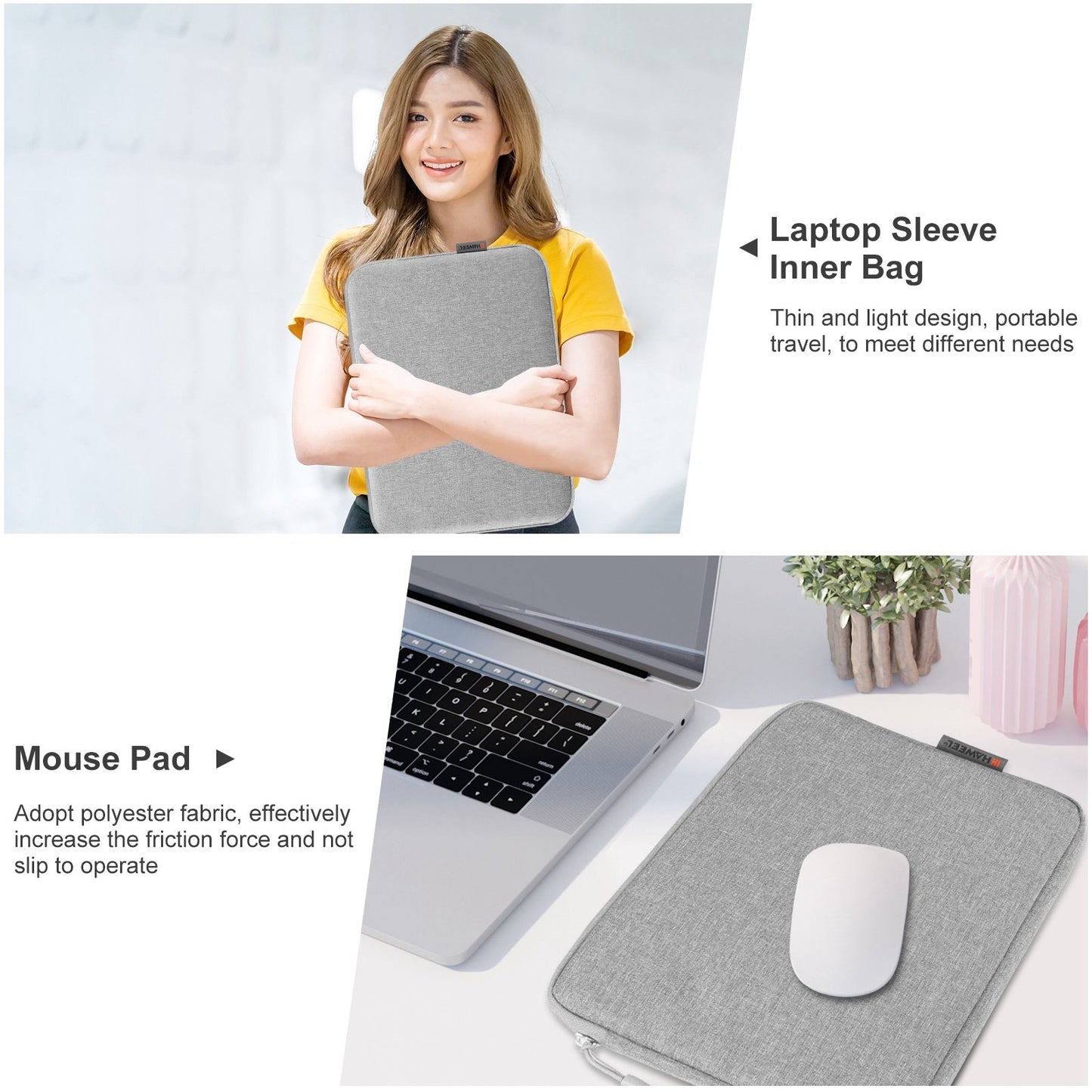Haweel HWL7016 For Macbook Pro 15 inch (2016) / (2018-2019) / 16 inch (2022) Shockproof Zippered Sleeve Bag Scratch Resistant Carry Case (40.5 x 29.5cm, 15-16.7 inch) - Grey