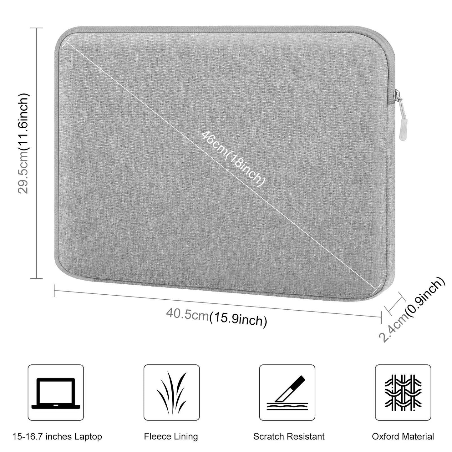 Haweel HWL7016 For Macbook Pro 15 inch (2016) / (2018-2019) / 16 inch (2022) Shockproof Zippered Sleeve Bag Scratch Resistant Carry Case (40.5 x 29.5cm, 15-16.7 inch) - Grey