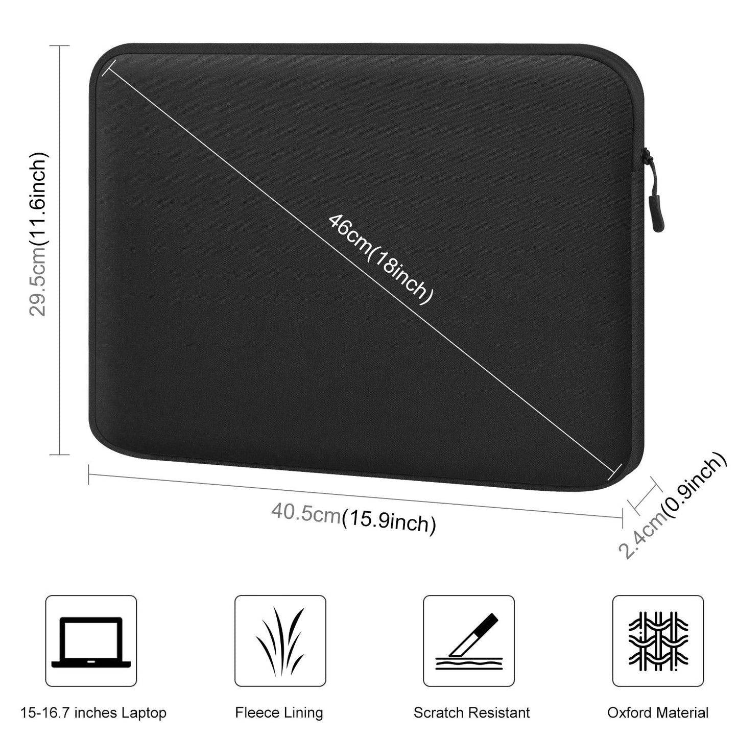 Haweel HWL7016 For Macbook Pro 15 inch (2016) / (2018-2019) / 16 inch (2022) Shockproof Zippered Sleeve Bag Scratch Resistant Carry Case (40.5 x 29.5cm, 15-16.7 inch) - Black