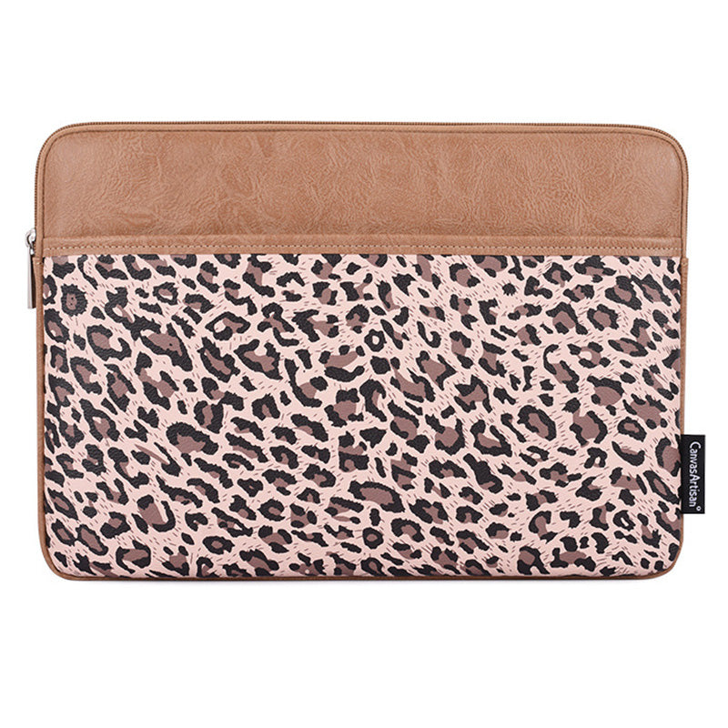 Canvasartisan G31-36 11-inch Laptop Soft Lining Carrying Bag Leopard Print PU Leather Notebook Protective Sleeve - Khaki