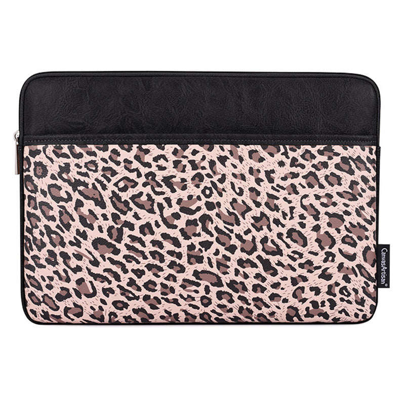 Canvasartisan G31-36 15-inch Laptop Shockproof Zipper Bag Leopard Print PU Leather Notebook Protective Sleeve - Black