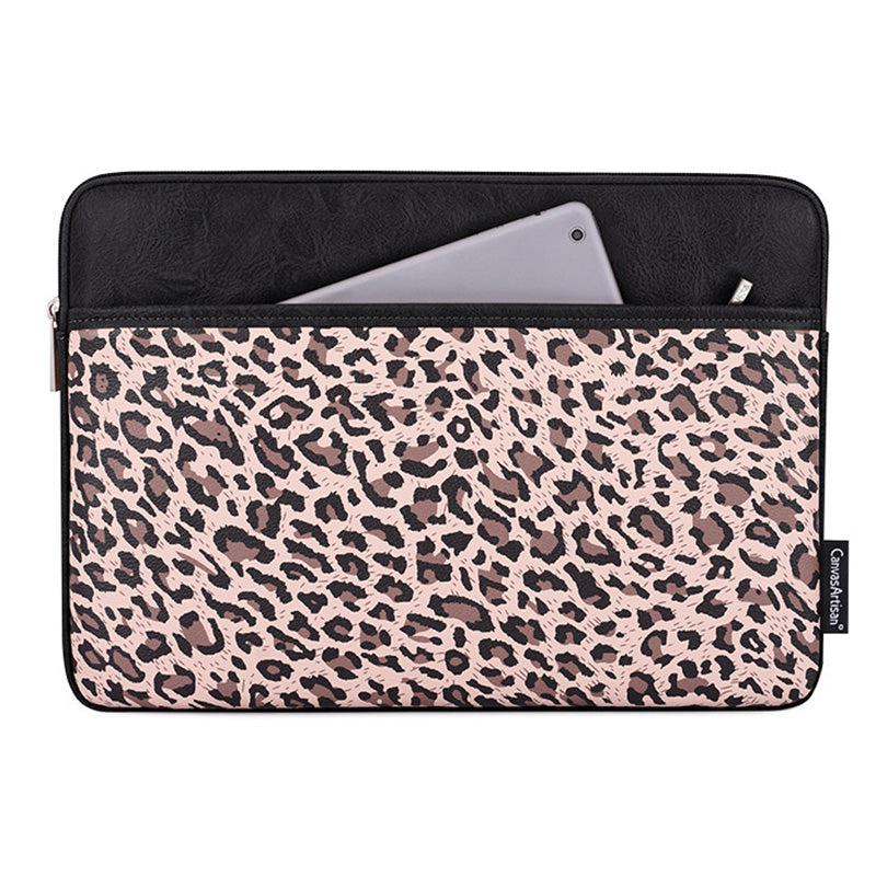 Canvasartisan G31-36 15-inch Laptop Shockproof Zipper Bag Leopard Print PU Leather Notebook Protective Sleeve - Black