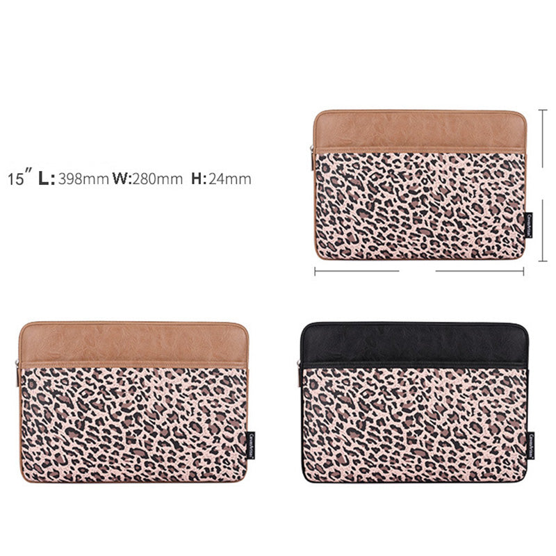 Canvasartisan G31-36 15-inch Laptop Shockproof Zipper Bag Leopard Print PU Leather Notebook Protective Sleeve - Black