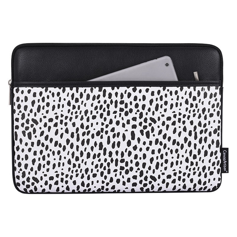 Canvasartisan G36-36 15-inch Laptop Portable Zipper Bag with Front Pocket PU Leather Black Spotted Notebook Protective Sleeve
