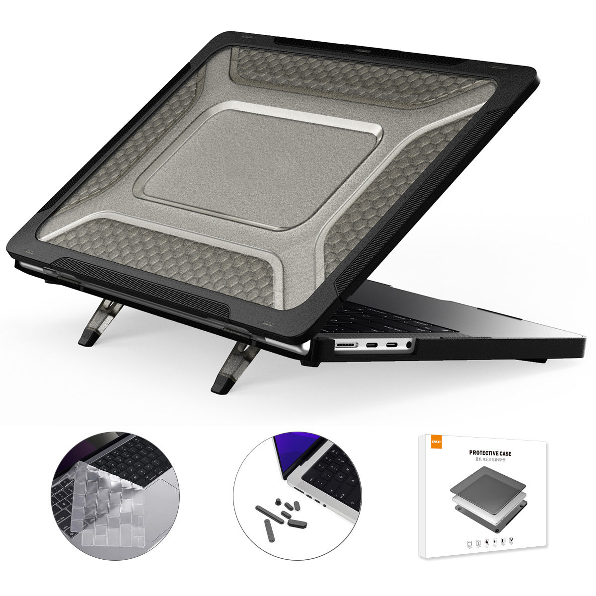 Anti-Scratch Slim Case for MacBook Pro 16 inch (2021) A2485 (US Version) Shockproof Laptop Case Kickstand Protective Cover with TPU Keyboard Film + Dust-Proof Plugs - Black