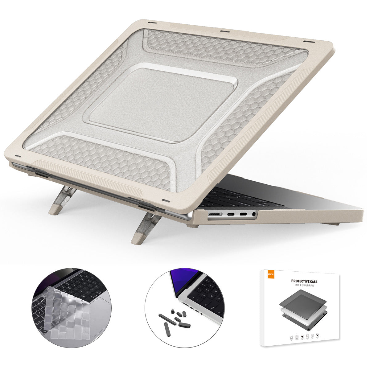 Anti-Scratch Slim Case for MacBook Pro 16 inch (2021) A2485 (US Version) Shockproof Laptop Case Kickstand Protective Cover with TPU Keyboard Film + Dust-Proof Plugs - Khaki