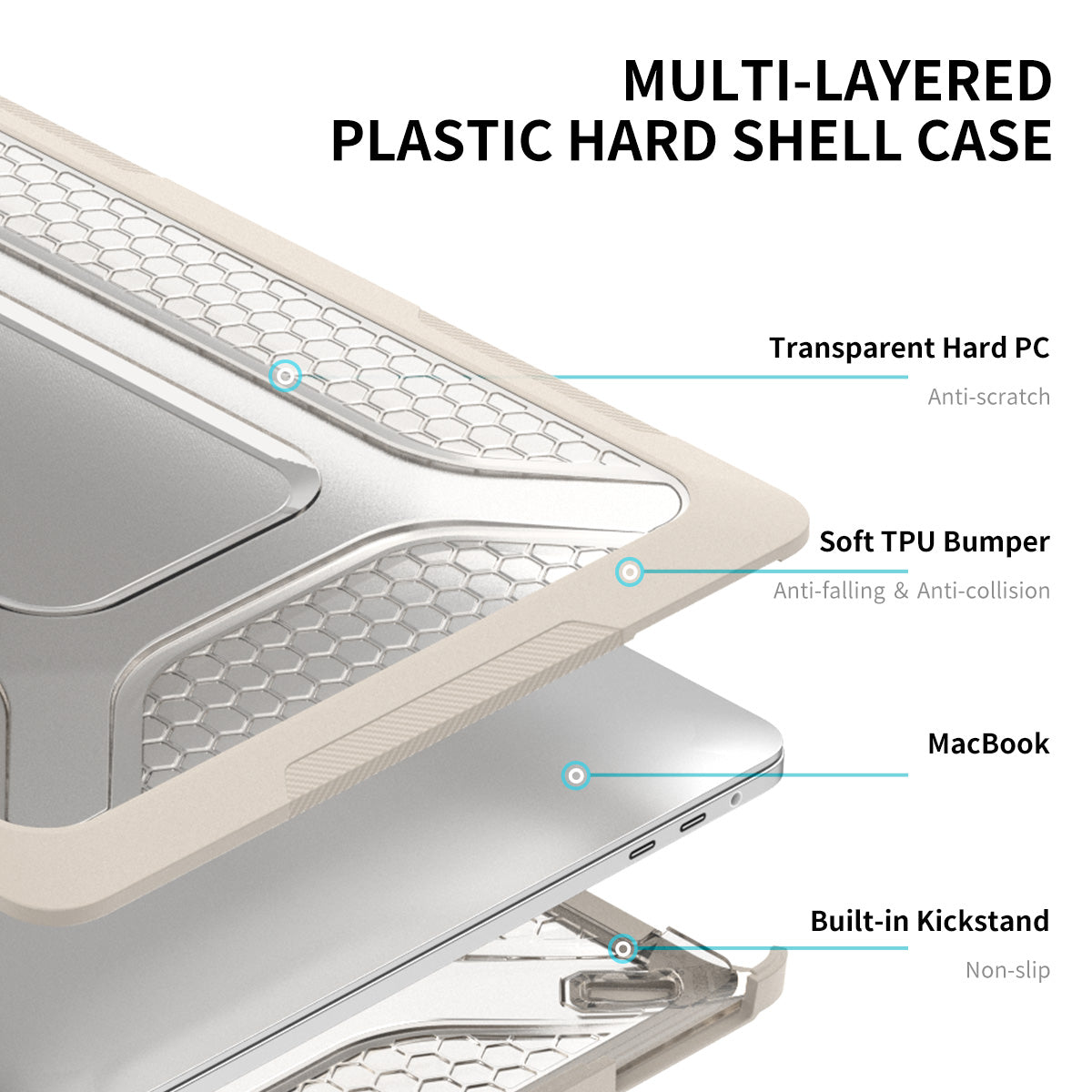 for MacBook Pro 13 inch (2016) A1706 / (2018) A1989 / (2019) A2159 (EU Version) Kickstand Case Hard PC Heat Dissipation Cover with TPU Keyboard Film + Dust-Proof Plugs - Khaki