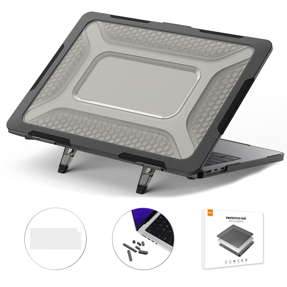 for MacBook Air 13 inch (2022) A2681 (EU Version) Hard PC Case Cover Kickstand Shock Resistant Shell with TPU Keyboard Film + Anti-Dust Plugs - Black