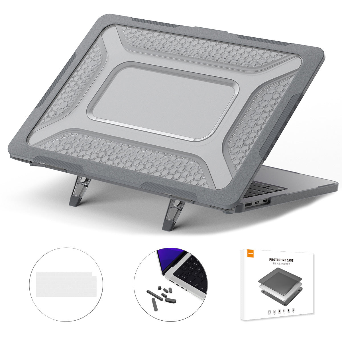 for MacBook Air 13 inch (2022) A2681 (EU Version) Hard PC Case Cover Kickstand Shock Resistant Shell with TPU Keyboard Film + Anti-Dust Plugs - Grey