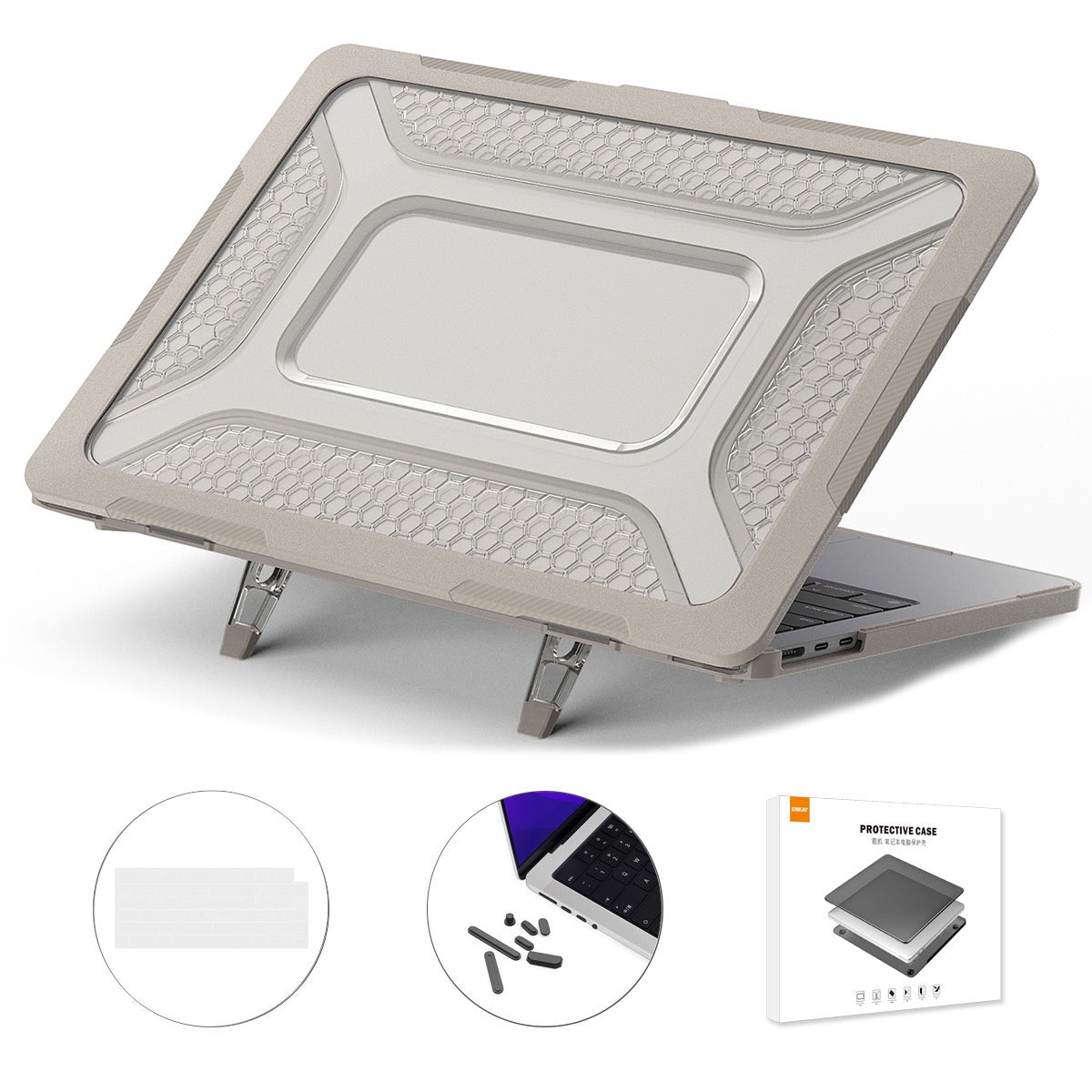 for MacBook Air 13 inch (2022) A2681 (EU Version) Hard PC Case Cover Kickstand Shock Resistant Shell with TPU Keyboard Film + Anti-Dust Plugs - Khaki