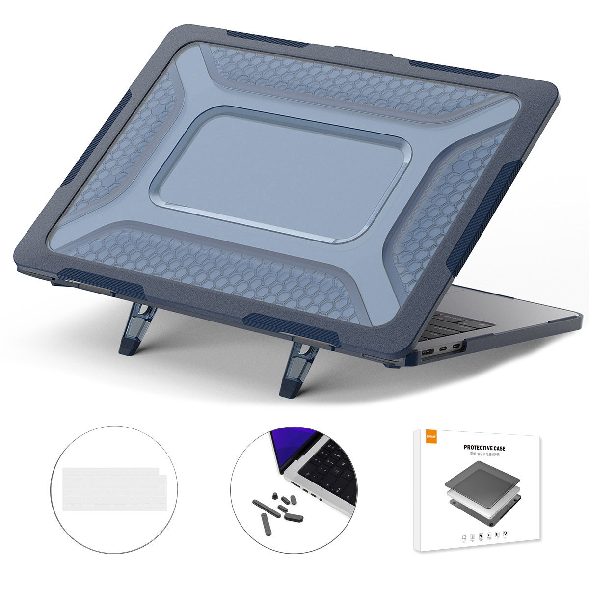 for MacBook Air 13 inch (2022) A2681 (EU Version) Hard PC Case Cover Kickstand Shock Resistant Shell with TPU Keyboard Film + Anti-Dust Plugs - Blue