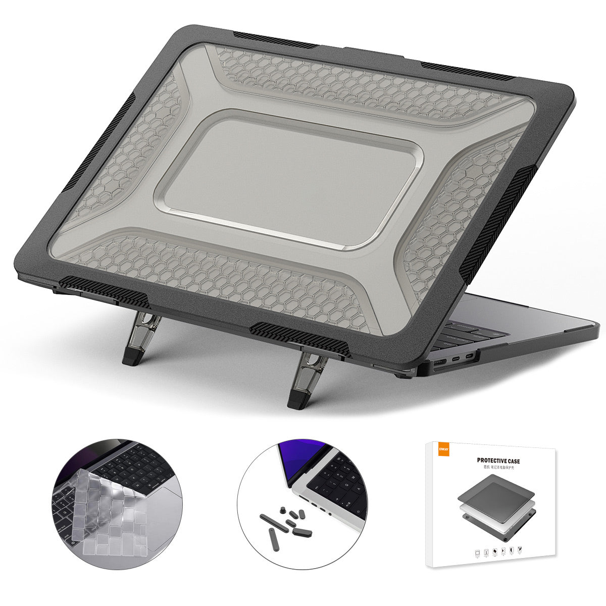 for MacBook Air 13 inch (2022) A2681 (US) 3-in-1 Laptop Case Hard PC Kickstand Protective Cover with TPU Keyboard Film + Anti-Dust Plugs - Black