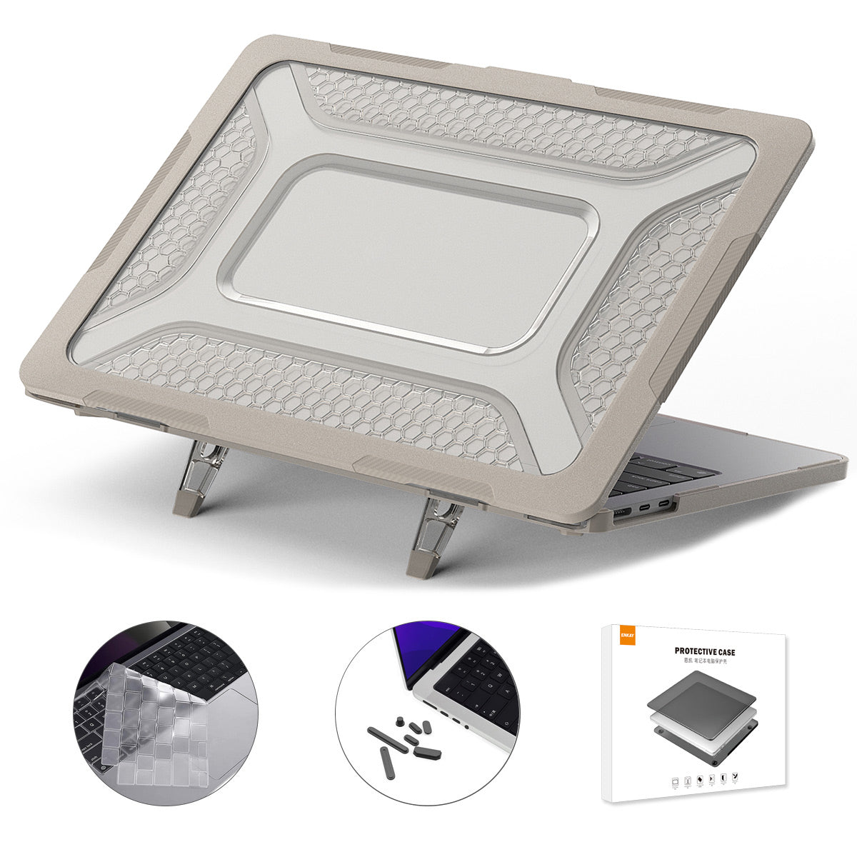 for MacBook Air 13 inch (2022) A2681 (US) 3-in-1 Laptop Case Hard PC Kickstand Protective Cover with TPU Keyboard Film + Anti-Dust Plugs - Khaki